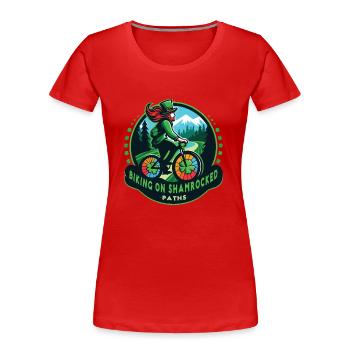 Biking on Shamrocked Paths Saint Patrick's Day 24 - Women's Premium Organic T-Shirt - red - Front - Mia (176cm)