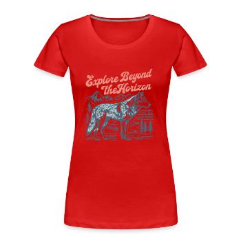 Erkunden Sie hinter dem Horizont - Frauen Premium Bio T-Shirt - Rot - Vorne - Mia (176cm)