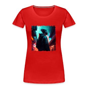 Guerrier du cyberespace dans le futur avec la lumière du néon - T-shirt bio Premium Femme - rouge - Devant - Mia (176cm)