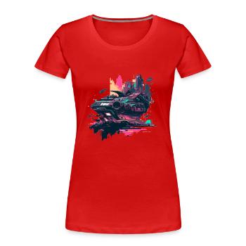 Sci-Fi Pop-Art Raumschiff in Retro Farben - Frauen Premium Bio T-Shirt - Rot - Vorne - Mia (176cm)
