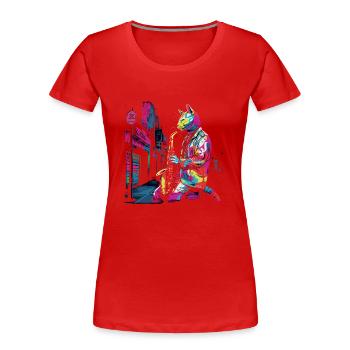 Cat Saxophone Jazz Musician Saxophonist Swing Meow - Women's Premium Organic T-Shirt - red - Front - Mia (176cm)