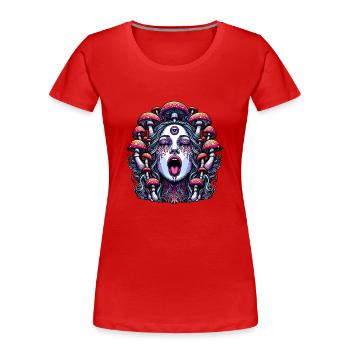 Visage de femme trippante avec champignons magiques - T-shirt bio Premium Femme - rouge - Devant - Mia (176cm)