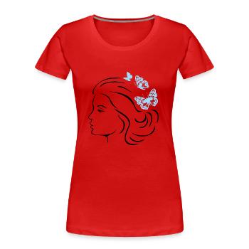 Blaue Schmetterlinge in der Frisur einer Frau - Frauen Premium Bio T-Shirt - Rot - Vorne - Mia (176cm)