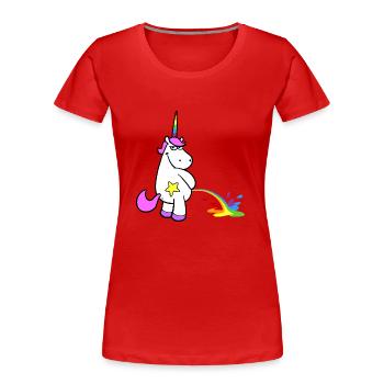 Freches Cartoon Einhorn pinkelt stehend Regenbogen - Frauen Premium Bio T-Shirt - Rot - Vorne - Mia (176cm)