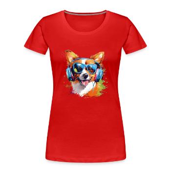 Conception de chien drôle avec des lunettes et des écouteurs - T-shirt bio Premium Femme - rouge - Devant - Mia (176cm)
