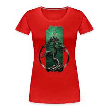 Serenity Grove: Tranquil Bonsai Tree - Women's Premium Organic T-Shirt - red - Front - Mia (176cm)