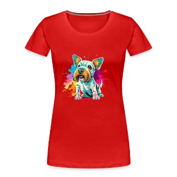 Bunter Yorkshire Terrier Hund - Frauen Premium Bio T-Shirt - Rot - Vorne - Mia (176cm)