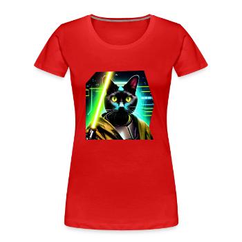 Katze mit Lichtschwert - Frauen Premium Bio T-Shirt - Rot - Vorne - Mia (176cm)