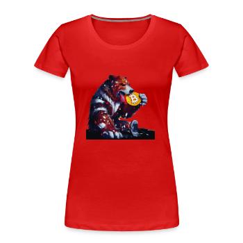 Capitalist bear eats Bitcoin cryptocurrency - Women's Premium Organic T-Shirt - red - Front - Mia (176cm)