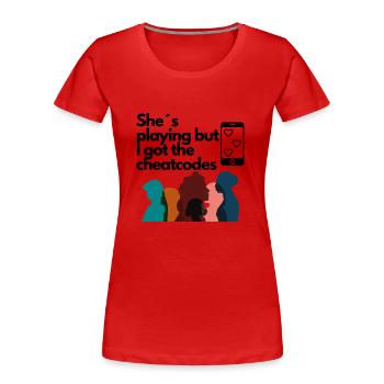Elle plaaying mais j’ai la chemise amusante Cheatcodes - T-shirt bio Premium Femme - rouge - Devant - Mia (176cm)