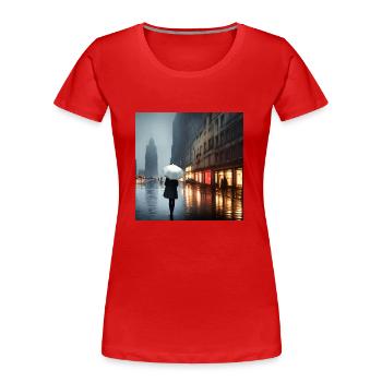 Femme au centre-ville par temps pluvieux - T-shirt bio Premium Femme - rouge - Devant - Mia (176cm)