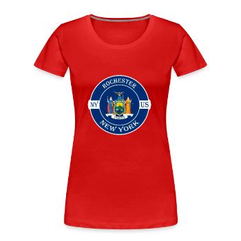 Rochester New York Flag USA Travel Souvenir Badge - Women's Premium Organic T-Shirt - red - Front - Mia (176cm)
