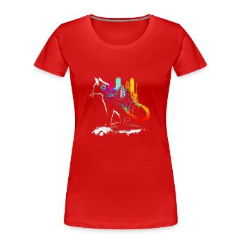 Katze mit einer bunten Stadt auf dem Rücken - Frauen Premium Bio T-Shirt - Rot - Vorne - Mia (176cm)