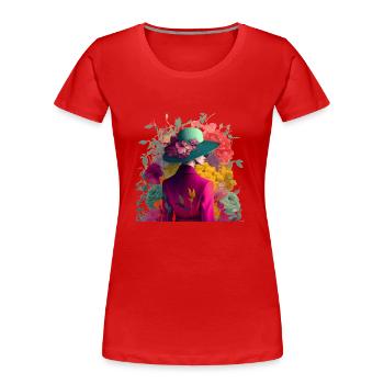 Model mit Hut und Blumen Geschenk - Frauen Premium Bio T-Shirt - Rot - Vorne - Mia (176cm)