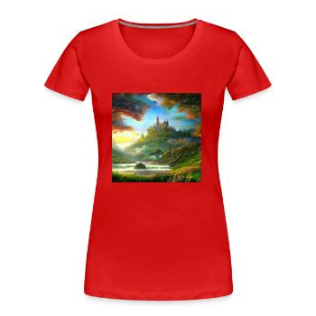 Gemälde einer Fantasielandschaft bei Sonnenaufgang - Frauen Premium Bio T-Shirt - Rot - Vorne - Mia (176cm)