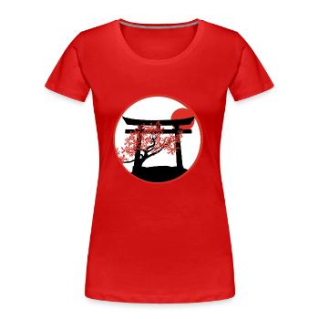 Ruhiger Sonnenuntergang: Torii-Tor und Kirschbaum - Frauen Premium Bio T-Shirt - Rot - Vorne - Mia (176cm)