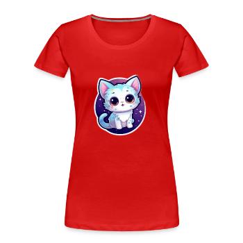 "Cosmic Kitty: Adorable Space Float" - Frauen Premium Bio T-Shirt - Rot - Vorne - Mia (176cm)