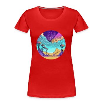 Psychedelischer Himmel über Wüste und Tal - Frauen Premium Bio T-Shirt - Rot - Vorne - Mia (176cm)