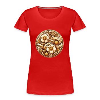 Gold Color Floral Oval Inspired by Russian Art - Women's Premium Organic T-Shirt - red - Front - Mia (176cm)