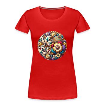 Oval Floral Blue and Pink Inspired Russian Art - Women's Premium Organic T-Shirt - red - Front - Mia (176cm)