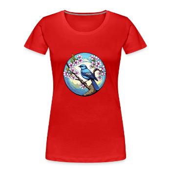 Blauer Vogel auf einem Kirschblütenzweig - Frauen Premium Bio T-Shirt - Rot - Vorne - Mia (176cm)
