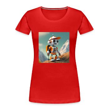 Niedlicher kleiner orangefarbener Roboter klettert - Frauen Premium Bio T-Shirt - Rot - Vorne - Mia (176cm)