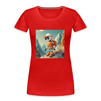 Niedlicher kleiner orangefarbener Vintage-Roboter klettert - Frauen Premium Bio T-Shirt - Rot - Vorne - Mia (176cm)