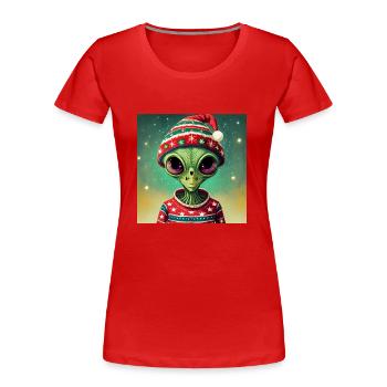 extraterrestre portant un pull de Noël moche - T-shirt bio Premium Femme - rouge - Devant - Mia (176cm)