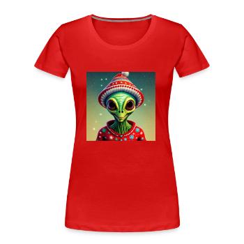 green alien wearing an ugly Christmas sweater - Women's Premium Organic T-Shirt - red - Front - Mia (176cm)