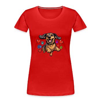 Heiterer Dackel mit Herzen und Pfoten - Frauen Premium Bio T-Shirt - Rot - Vorne - Mia (176cm)