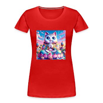Gato Loco Meditation Yoga Yogi Cat Lotus Position Cat - Women's Premium Organic T-Shirt - red - Front - Mia (176cm)