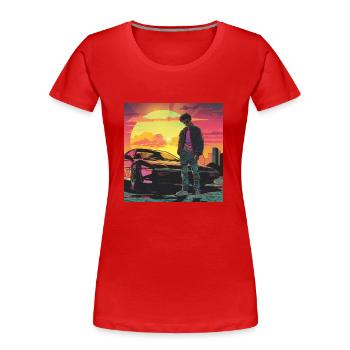 Années 80 Anime Guy Calmant Impression de mode de haute qualité - T-shirt bio Premium Femme - rouge - Devant - Mia (176cm)