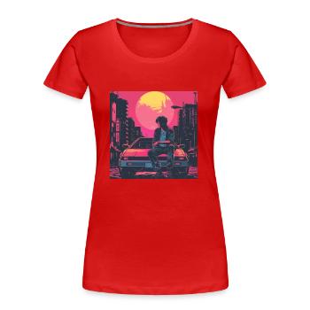Années 80 Anime Guy Calmant Impression de mode de haute qualité - T-shirt bio Premium Femme - rouge - Devant - Mia (176cm)