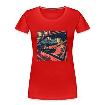 Années 80 Anime Guy Calmant Impression de mode de haute qualité - T-shirt bio Premium Femme - rouge - Devant - Mia (176cm)