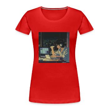 Années 80 Anime Guy Calmant Impression de mode de haute qualité - T-shirt bio Premium Femme - rouge - Devant - Mia (176cm)
