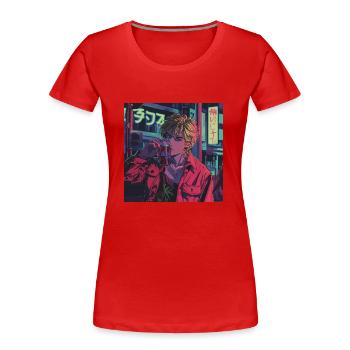 Années 80 Anime Guy Calmant Impression de mode de haute qualité - T-shirt bio Premium Femme - rouge - Devant - Mia (176cm)