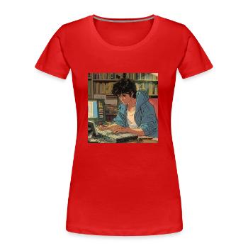 Années 80 Anime Guy Calmant Impression de mode de haute qualité - T-shirt bio Premium Femme - rouge - Devant - Mia (176cm)