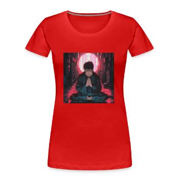 Années 80 Anime Guy Calmant Impression de mode de haute qualité - T-shirt bio Premium Femme - rouge - Devant - Mia (176cm)