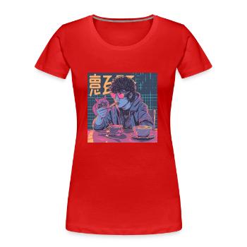 Années 80 Anime Guy Calmant Impression de mode de haute qualité - T-shirt bio Premium Femme - rouge - Devant - Mia (176cm)