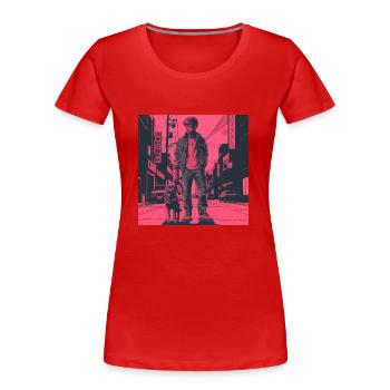 Années 80 Anime Guy Calmant Impression de mode de haute qualité - T-shirt bio Premium Femme - rouge - Devant - Mia (176cm)