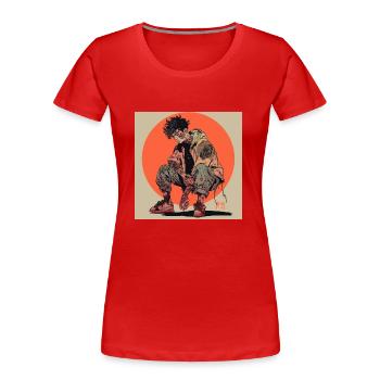 Années 80 Anime Guy Calmant Impression de mode de haute qualité - T-shirt bio Premium Femme - rouge - Devant - Mia (176cm)