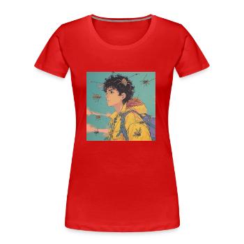 Années 80 Anime Guy Calmant Impression de mode de haute qualité - T-shirt bio Premium Femme - rouge - Devant - Mia (176cm)