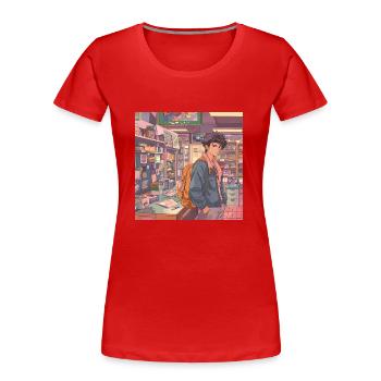 Années 80 Anime Guy Calmant Impression de mode de haute qualité - T-shirt bio Premium Femme - rouge - Devant - Mia (176cm)