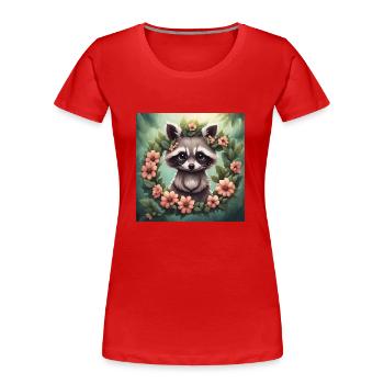 Süße Kawaii Baby Waschbär Blumen Pedro Pedro Pedro - Frauen Premium Bio T-Shirt - Rot - Vorne - Mia (176cm)