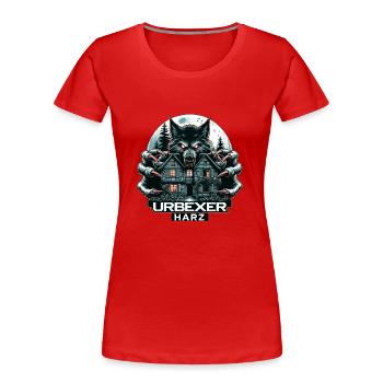Wolf Urbexer Aufdruck mit einem Lostplace - Frauen Premium Bio T-Shirt - Rot - Vorne - Mia (176cm)