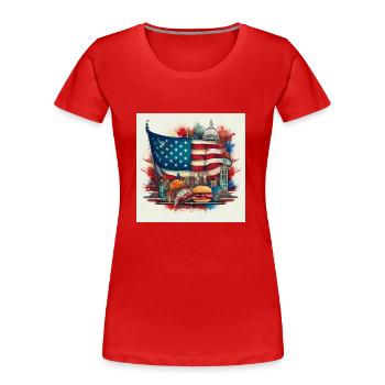 Iconic USA Flag with American Landmarks Art - Women's Premium Organic T-Shirt - red - Front - Mia (176cm)