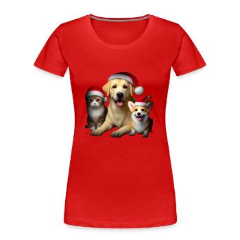 Corgi de Noël, Labrador et Chat - T-shirt bio Premium Femme - rouge - Devant - Mia (176cm)