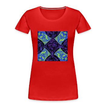 Abstraktes symmetrisches Design mit lila Blumen - Frauen Premium Bio T-Shirt - Rot - Vorne - Mia (176cm)