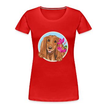 Peeking happy Cocker Spaniel dog with pink flowers - Women's Premium Organic T-Shirt - red - Front - Mia (176cm)