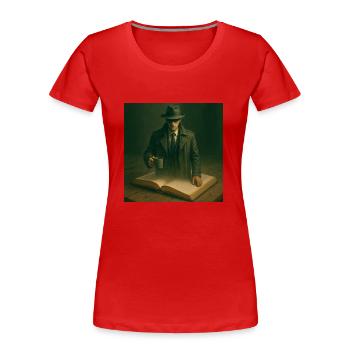 Hauptfigur eines Kriminalromans klettert aus dem Buch - Frauen Premium Bio T-Shirt - Rot - Vorne - Mia (176cm)